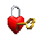 Red heart-shaped padlock with silver shackle and golden key inserted, key rotating through multiple positions across frames.
