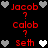Pixelated red text names and question marks surrounded by gray and white heart icons on a black background.