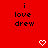 Red background with repeated text "i love drew" and white pixelated heart/arrow symbols in a