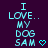 Pixelated cyan text on dark purple background reads "I LOVE... MY DOG SAM" with a heart symbol, showing animation where the heart changes from solid to outlined.