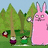 Pixelated animation of a pink rabbit-like character in a forest with small figures, text changes across frames.