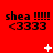 Red background with repeated black text 'shea !!!!' and '<3333', plus white pixelated symbols changing across frames.