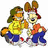Two cartoon characters in yellow and orange shirts embrace on the left; a dog-like character with red tongue appears on the right, all against white background.