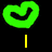 Pixelated heart-shaped icons in green, pink, and yellow with text variations on a black background.
