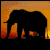 Silhouette of an elephant against a gradient background transitioning from dark orange to bright yellow, with pixelated flame-like shapes in the foreground.