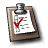 Pixelated clipboard with brown frame and black clip holding white paper with gray lines and red checkmark.