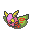 Pixelated icon with pink, green, yellow, and red elements; two versions show slight rotation of the central figure against a gray background.