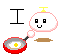 Pixel art character with white rounded body, yellow antenna, and pink outline holding red frying pan with egg; text "I", "TO", "cook" appear in different frames.