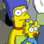 Yellow-skinned cartoon character with blue hair and red collar holds smaller yellow-skinned cartoon character with blue bow and blue dress.