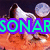 A pixelated image of a wolf-like creature on an orange surface with two moons, displaying changing text overlays.