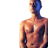 Static pixelated image of a shirtless male figure with blue-tinted hair and visible chest muscles, cropped to show torso and head against white background.