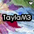 Pixelated image with 'TaylaM3' text overlay, red and purple shapes on blue and green background, white heart in top-right corner.