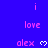Pixelated blue background with pink text 'i love alex' and white heart symbols, arranged in a pattern with some text and symbols changing position across frames