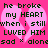 Pixelated text on a pink background with a broken heart symbol, displaying phrases about heartbreak and sadness.