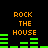 Pixelated orange text "ROCK THE HOUSE" appears above green audio equalizer bars on a black background, with two identical horizontal sections stacked vertically.