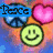 four pixelated buddy icons featuring peace signs, hearts, smiley faces, and text labels in blue, pink, and yellow