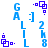 Pixelated blue and purple text elements form a repeating pattern with animated square-dot transitions on white background.