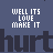 Static pixel art with repeating text elements on a blue background, featuring alternating of white and dark gray lettering