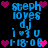 Pixelated blue text and pink hearts on black background, with repeated 'steph loves' and '1 ♡ u' phrases, and '1-18-06' date, arranged in a pattern
