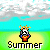 Pixelated image of a crowned figure in red and blue attire standing on green grass under a bright sky with clouds, labeled 'Summer' below.