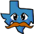 Blue Texas-shaped character with large pixelated eyes and an orange mustache, rendered in low-resolution 8-bit style.