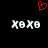 Red pixelated heart symbol above two white 'XOXO' text blocks on black background.