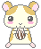 Pixel art hamster with light brown and white fur, pink cheeks, black eyes, holding a striped object against gray background.