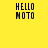 Yellow background with four identical pixelated text blocks reading HELLO MOTO in black uppercase letters arranged in a