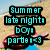 Pixelated text reads 'Summer late night boy party' over a beach scene with sand, water, and a guitar.