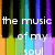 Pixelated text reads 'the music of my soul' over vertical rainbow stripes on a black background.