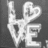Black background with green pixelated text listing names and heart symbols, alongside a grayscale 'LOVE' icon featuring a heart-shaped 'O'.