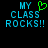 Pixelated text reads "MY CLASS ROCKS!!" in cyan with a green heart symbol replacing the 'O' in MY on the left side.