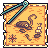 Pixel art icon depicting a brown turtle on an orange parchment with a teal ribbon, surrounded by small symbols.