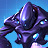 Pixelated static icon of a dark purple and blue creature with glowing eyes against a light blue background, rendered in low-resolution 256x256 pixels.