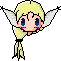 Pixelated character with blonde hair and white wings in three poses: arms outstretched, arms bent, and arms crossed.