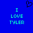 Blue background with cyan text reading "I LOVE TYLER" on both sides and a black pixelated heart above center.