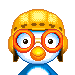 Pixelated penguin character with yellow helmet, orange-rimmed glasses, and blue body displays multiple facial expressions including closed eyes, open mouth, blushing cheeks, and heart symbols near the face.