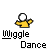 Pixelated character with white circular head and yellow shirt, arms extended in two poses, under text "Wiggle" and "Dance" on gray background.