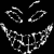 Pixelated black-and-white icon depicting a stylized face with abstract eyes and a wide, jagged mouth on a solid black background.