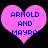 Two pink heart-shaped icons with blue text reading 'ARNOLD AND MAYRA' on a black background, displayed side-by-side.