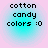 Four identical cyan circular icons with pink background, each displaying black pixelated text reading "cotton candy colors :0" in three lines.