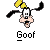 Animated sequence showing Goofy's head with yellow ears and black gloves, a plus sign, a brown-and-blue ball icon, an equals sign, then of a cartoon character with orange hair and white scarf text reading 'Goofball.com' and related phrases