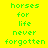 A static image with four quadrants displaying the text 'horses for life never forgotten' in green pixelated font on yellow, light green, cyan, and dark green backgrounds.