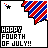 Pixelated 'HAPPY FOURTH OF JULY!!' text on white background with red and blue striped corner elements, stars, and scattered dots.