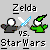 Pixel art image with gray background showing 'Zelda' text above a wizard hat, sword, and green robe icon facing 'Star Wars' text below.