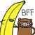 Animated icon features a yellow banana with eyes, brown bear-like character, and text about best friends over chips.