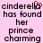 Pixelated text on pink background reads 'cinderella has found her prince charming' with red heart replacing 'a' in 'cinderella' on left side.