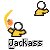 Pixelated character in yellow shirt with white head holding a curved orange object, text "Jackass" below.