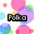 Pixelated image with overlapping colorful circles and two text labels 'Polka' and 'Dots' on a white background.