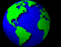 A pixelated globe animation showing Earth rotating through four distinct views of continents and oceans against a black background.